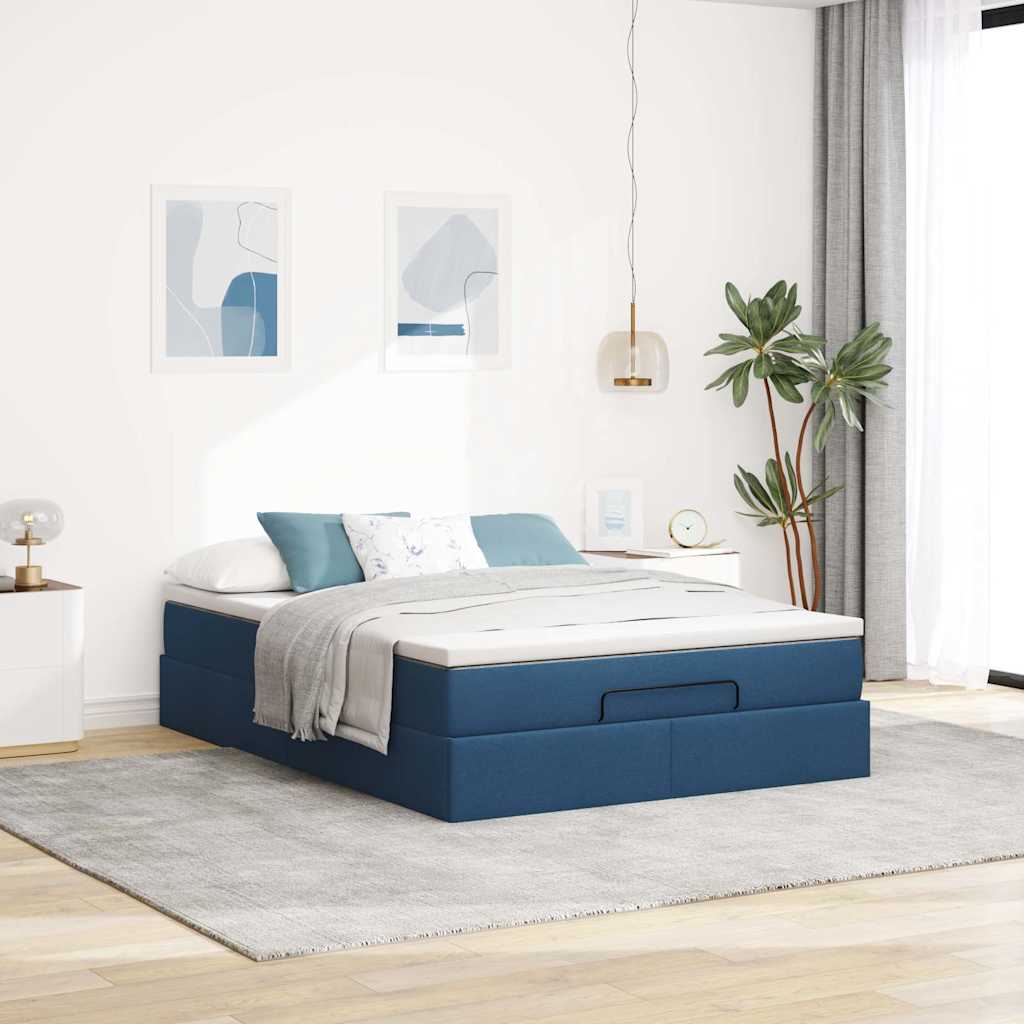 Cadre de lit ottoman avec matelas bleu 140x190 cm tissu