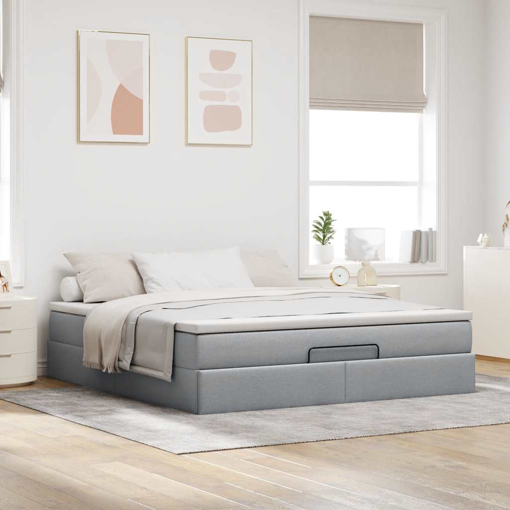 Cadre de lit ottoman et matelas gris clair 160x200cm tissu