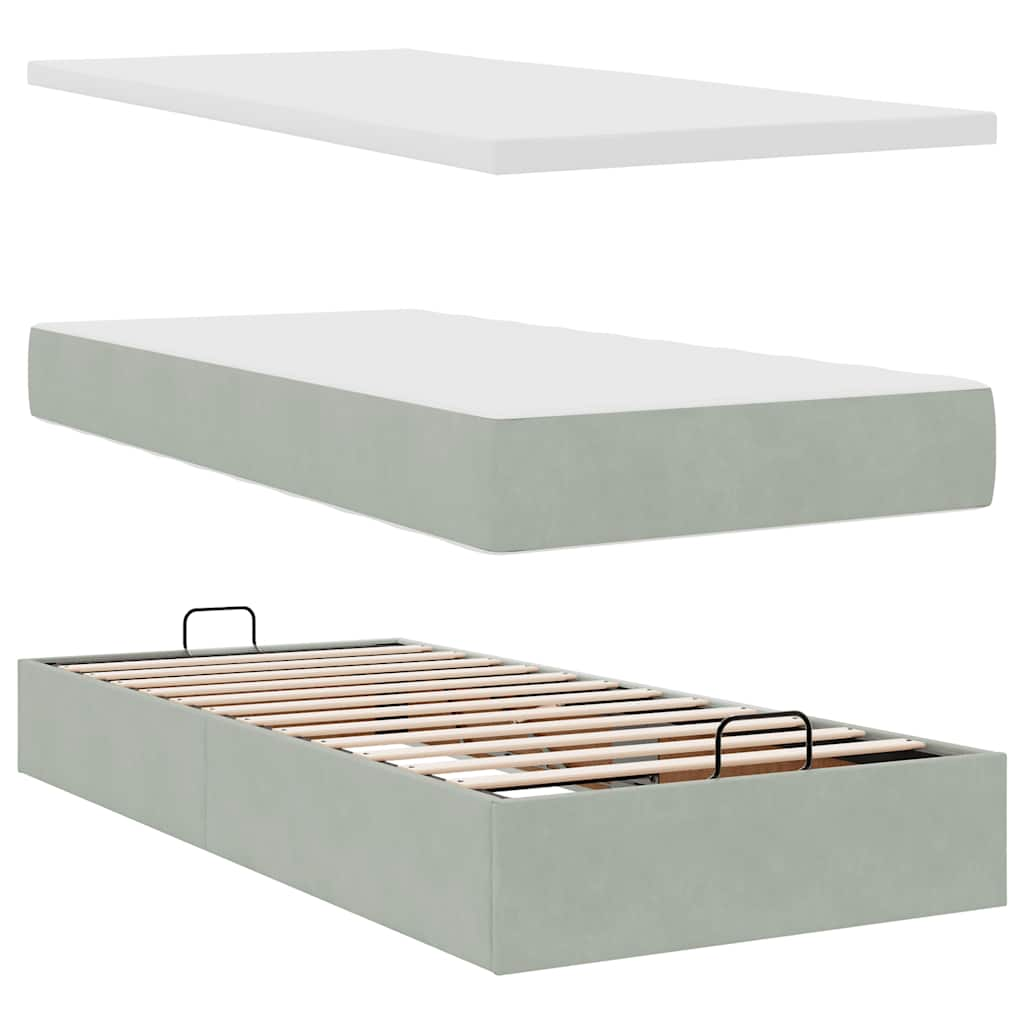 Cadre de lit ottoman et matelas gris clair 100x200 cm velours