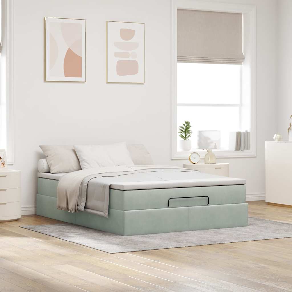 Cadre de lit ottoman et matelas gris clair 140x190 velours