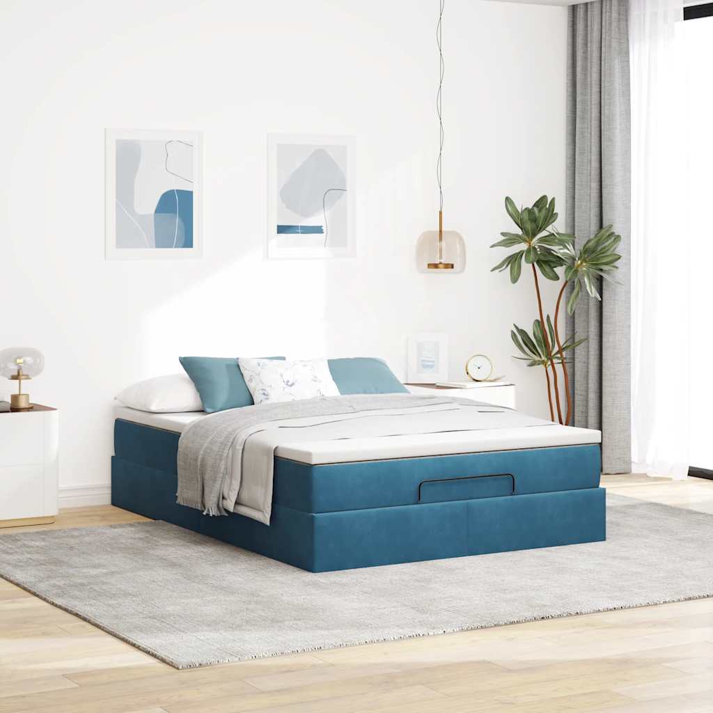 Cadre de lit ottoman avec matelas bleu foncé 140x200 cm velours