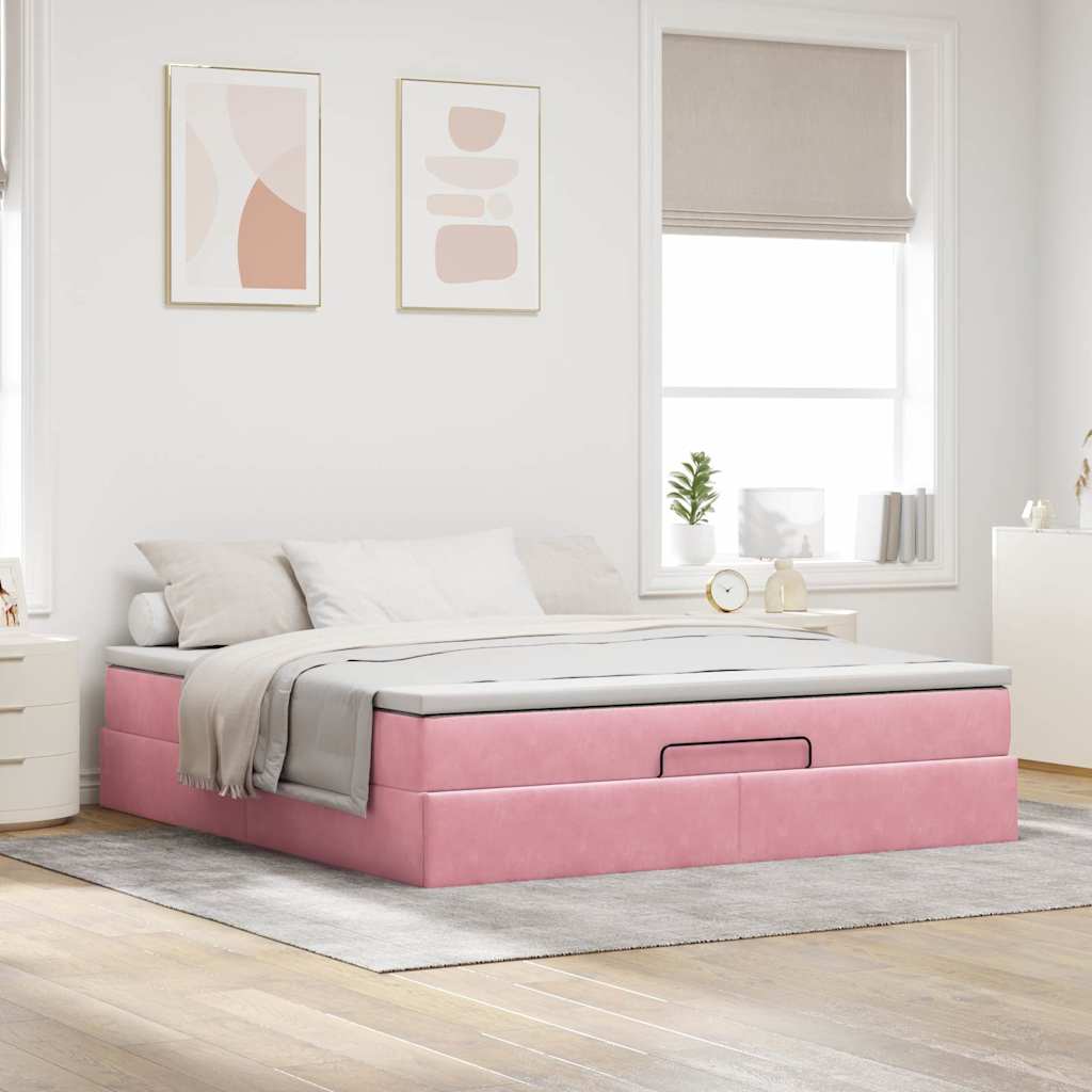 Cadre de lit ottoman avec matelas rose 160x200 cm velours