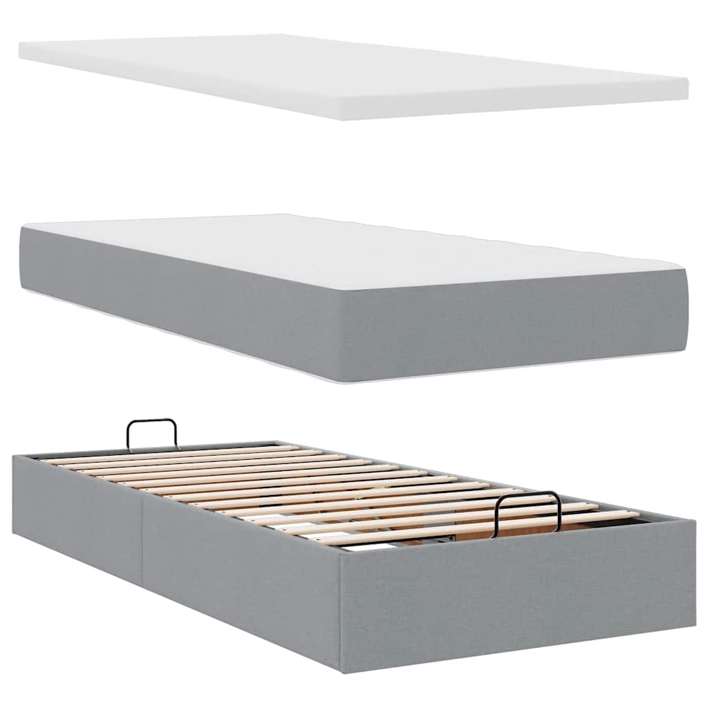 Cadre de lit ottoman et matelas gris clair 100x200 cm tissu