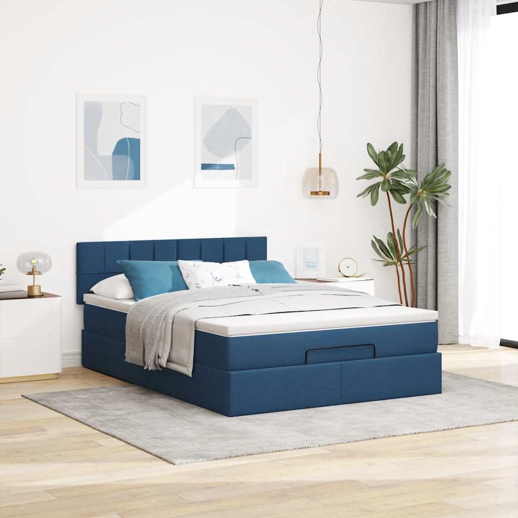 Cadre de lit ottoman avec matelas bleu 140x190 cm tissu