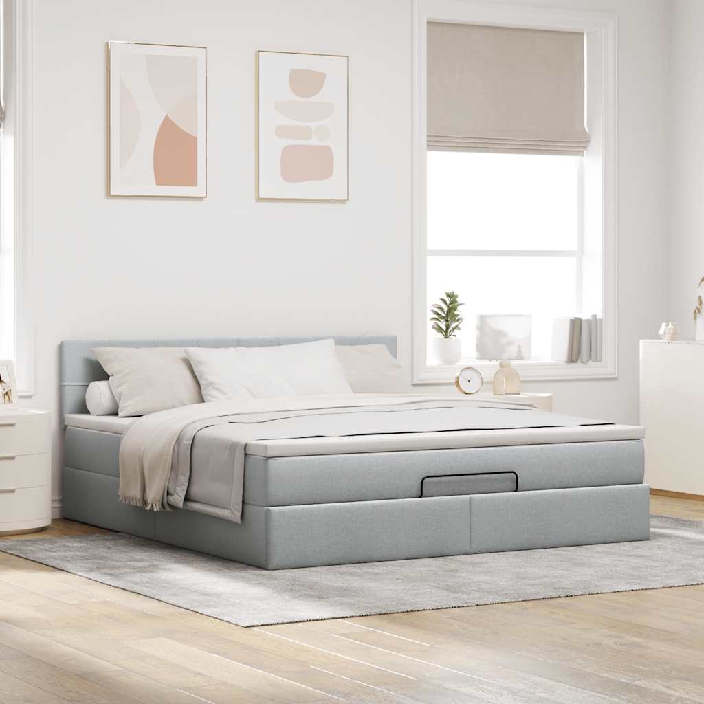 Cadre de lit ottoman et matelas gris clair 160x200cm tissu