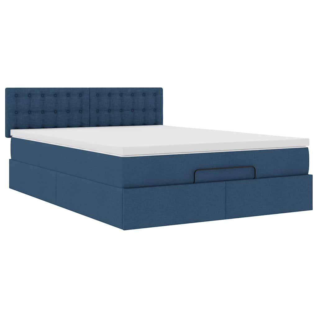 Cadre de lit ottoman avec matelas bleu 140x190 cm tissu