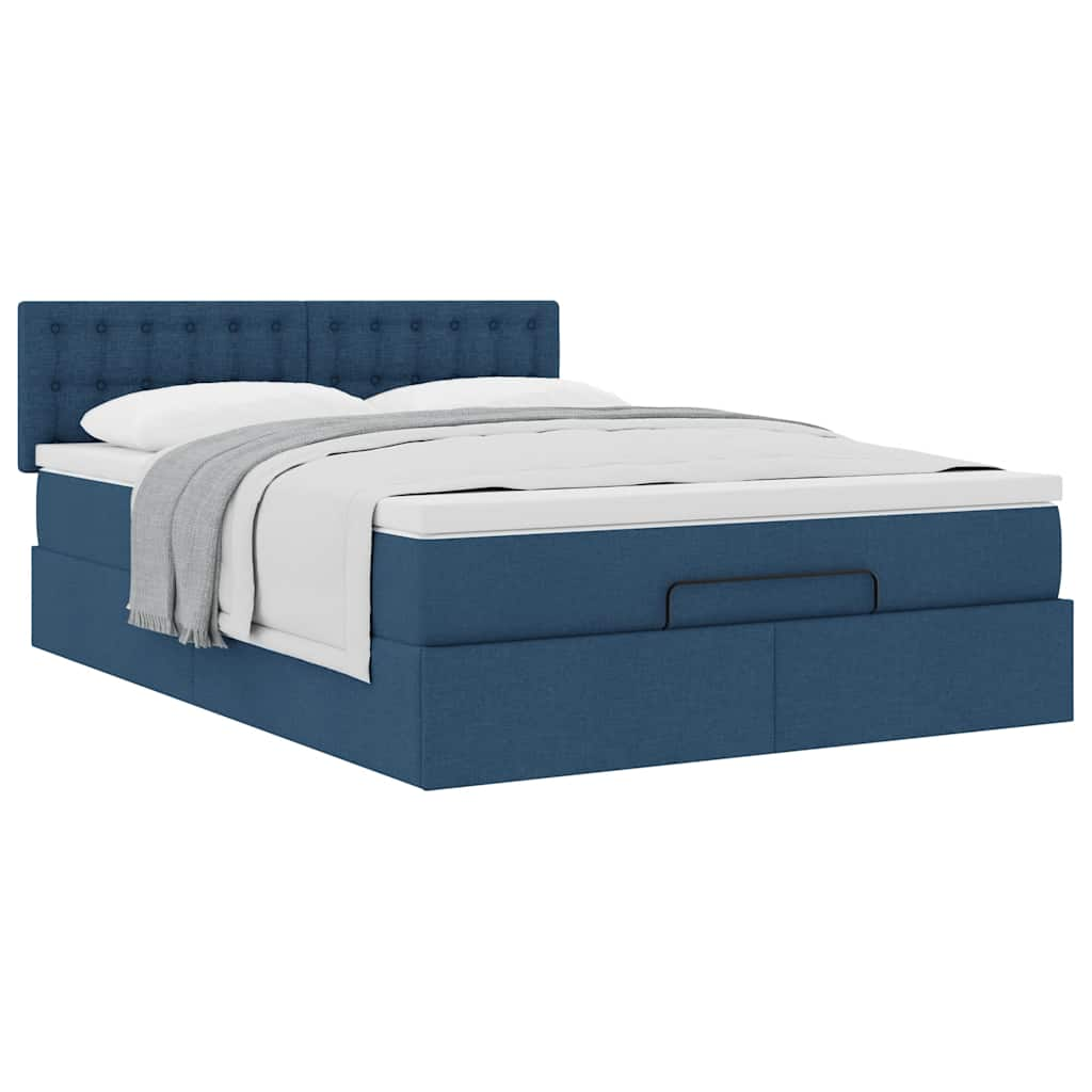 Cadre de lit ottoman avec matelas bleu 140x190 cm tissu