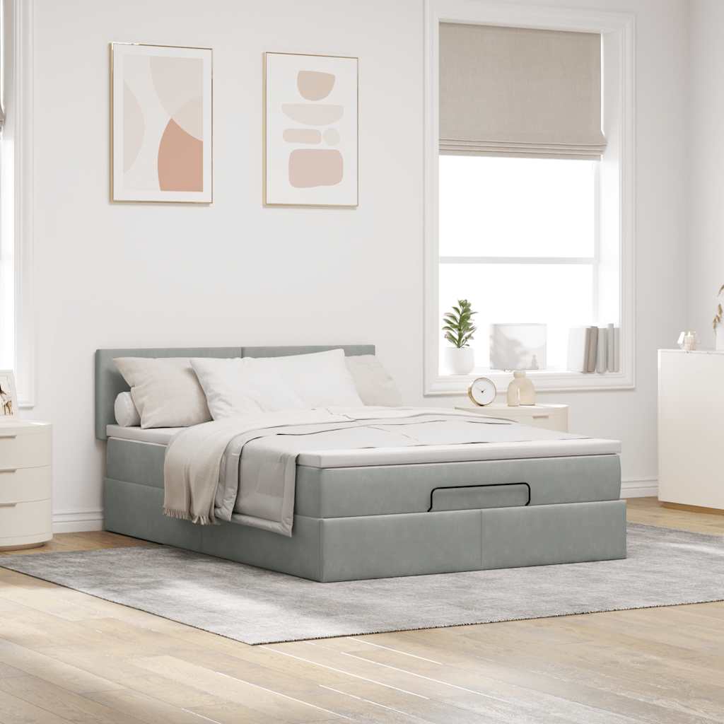 Cadre de lit ottoman avec matelas gris clair 140x200 cm velours