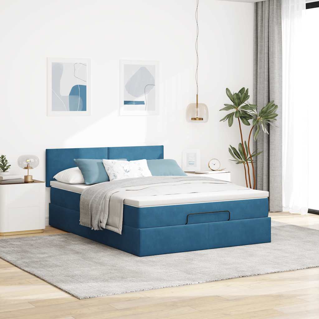 Cadre de lit ottoman avec matelas bleu foncé 140x200 cm velours