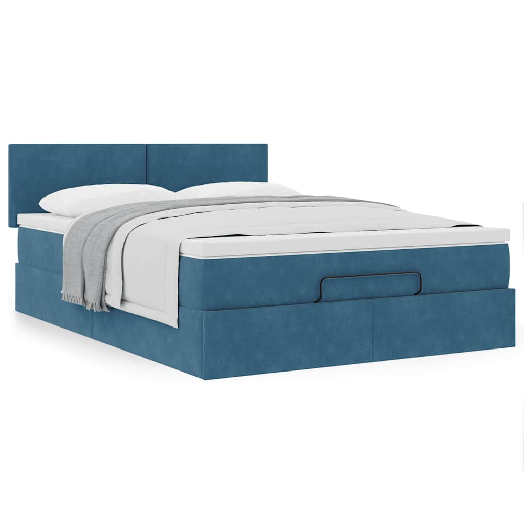 Cadre de lit ottoman avec matelas bleu foncé 140x200 cm velours