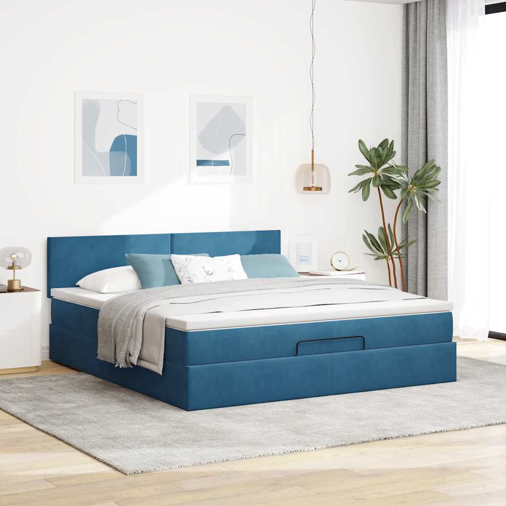 Cadre de lit ottoman avec matelas bleu foncé 160x200 cm velours