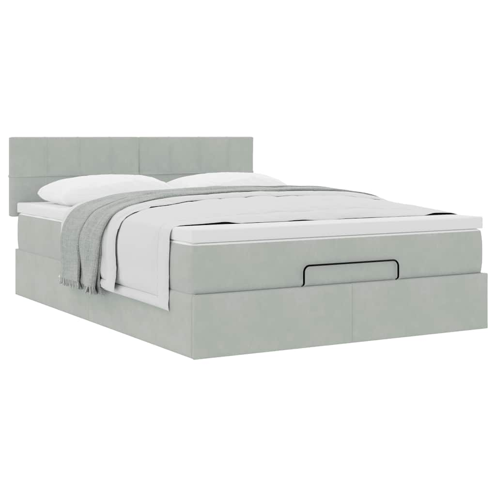 Cadre de lit ottoman et matelas gris clair 140x190 velours