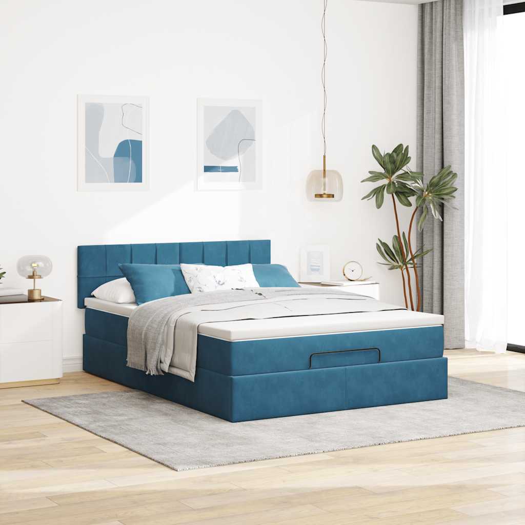 Cadre de lit ottoman avec matelas bleu foncé 140x190 cm velours