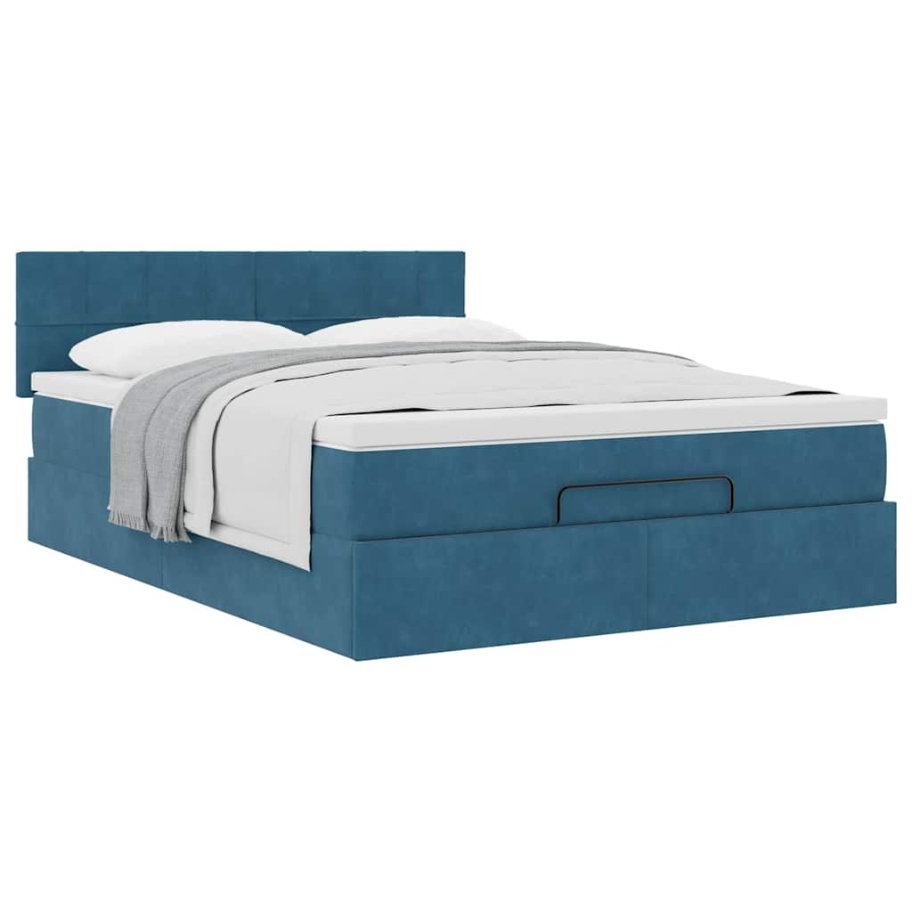 Cadre de lit ottoman avec matelas bleu foncé 140x190 cm velours