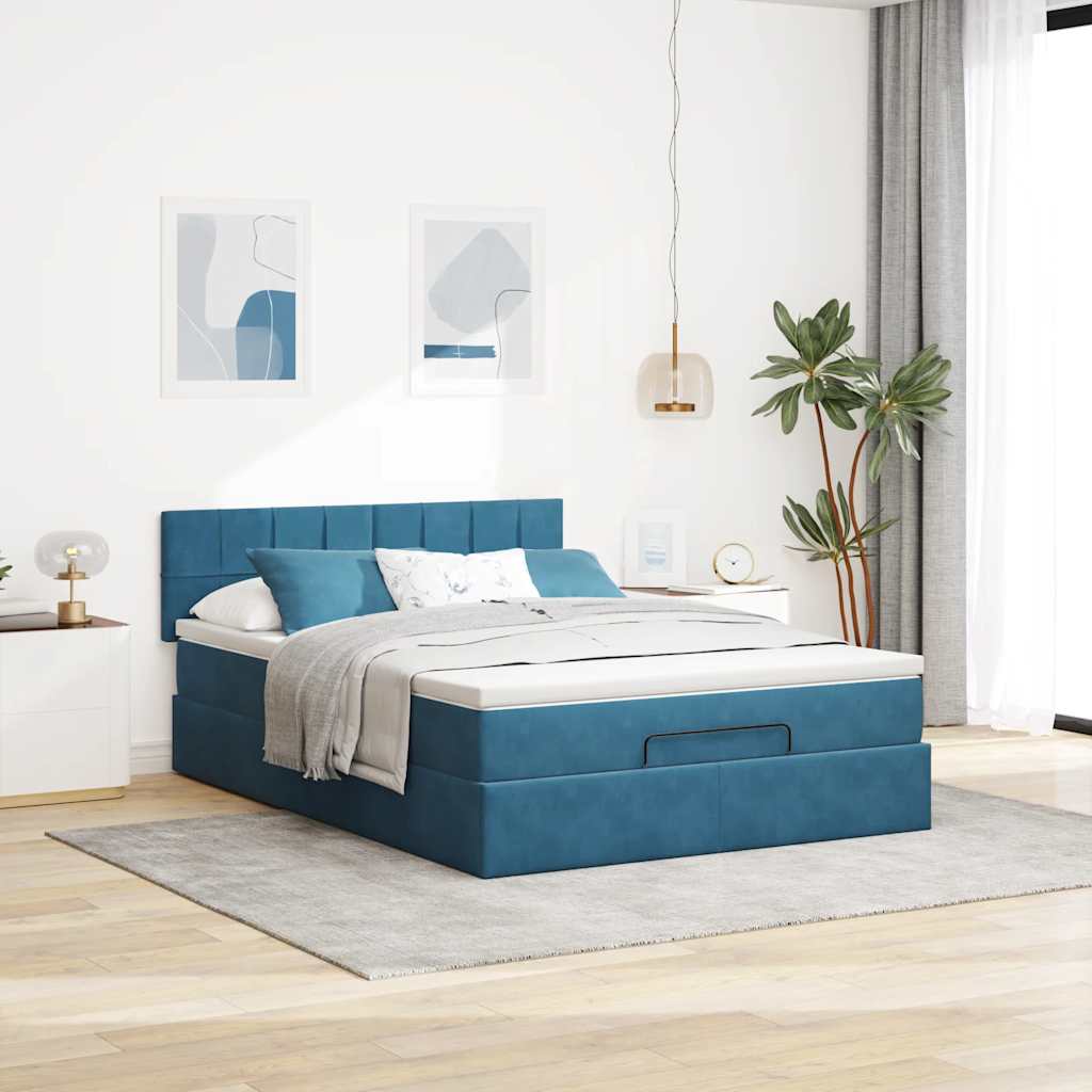 Cadre de lit ottoman avec matelas bleu foncé 140x200 cm velours