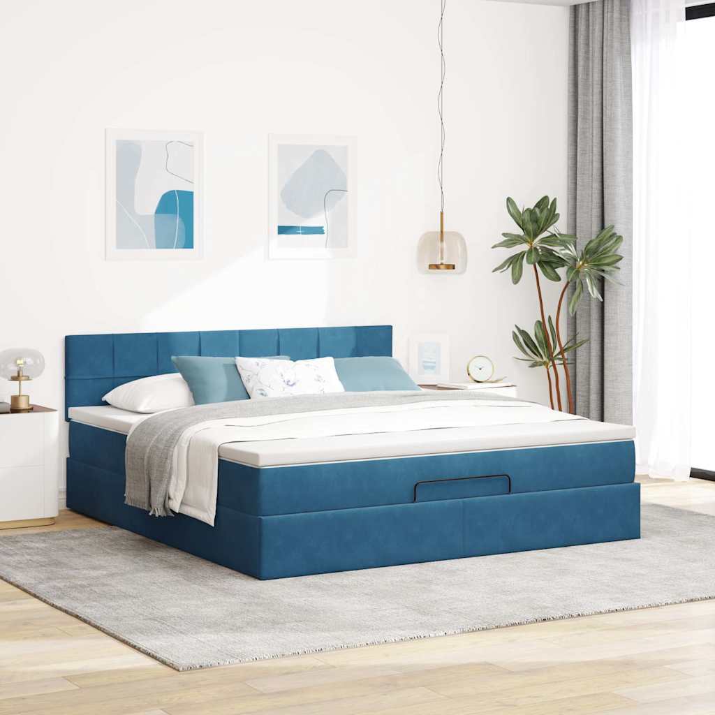 Cadre de lit ottoman avec matelas bleu foncé 160x200 cm velours