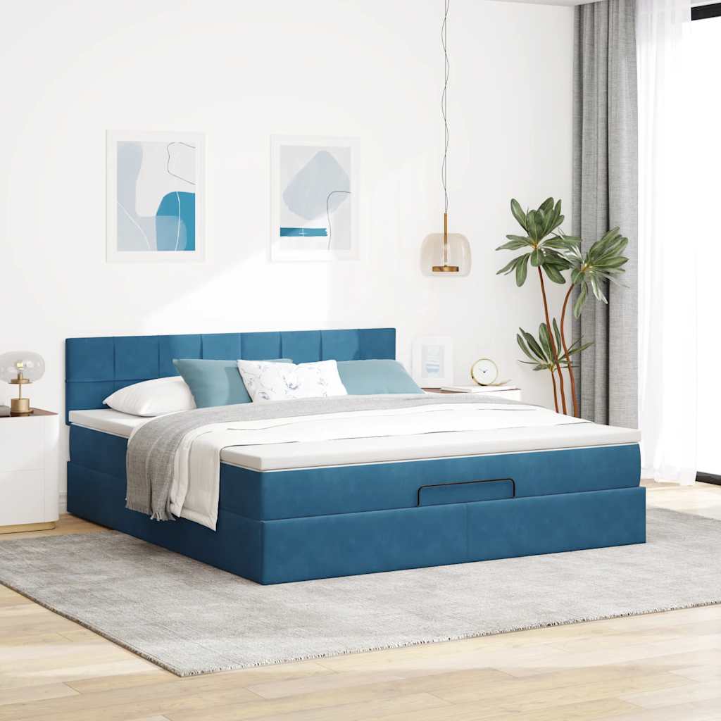 Cadre de lit ottoman avec matelas bleu foncé 180x200 cm velours