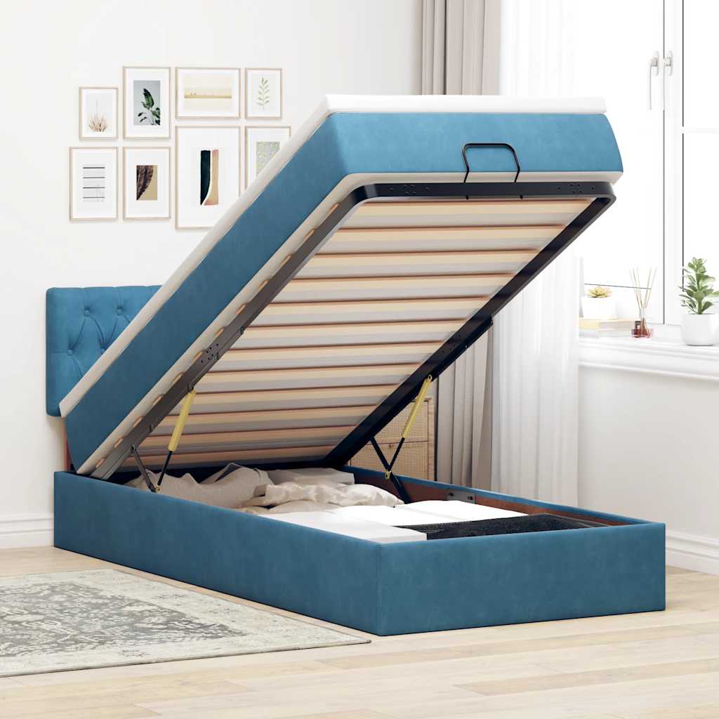 Cadre de lit ottoman avec matelas bleu foncé 90x190 cm velours