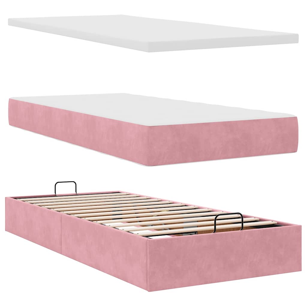 Cadre de lit ottoman avec matelas rose 90x200 cm velours