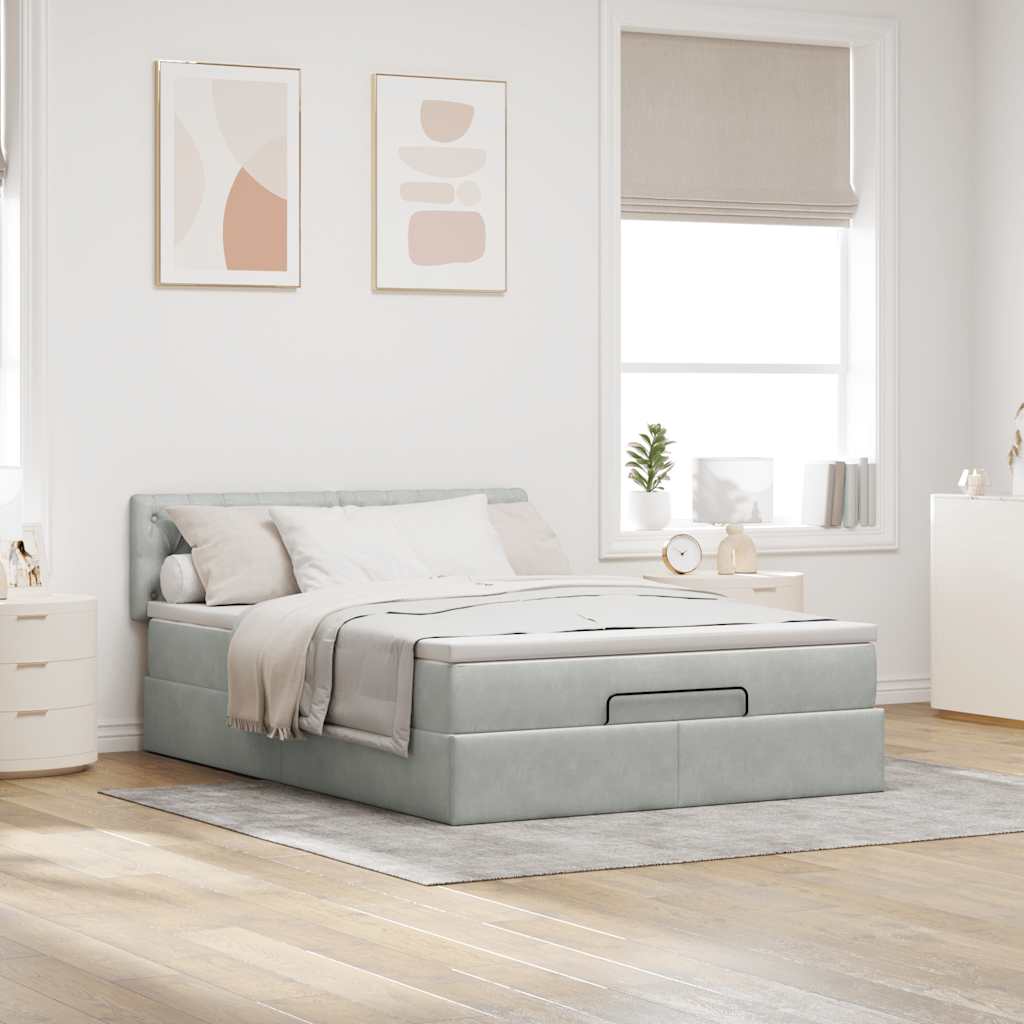 Cadre de lit ottoman avec matelas gris clair 140x200 cm velours