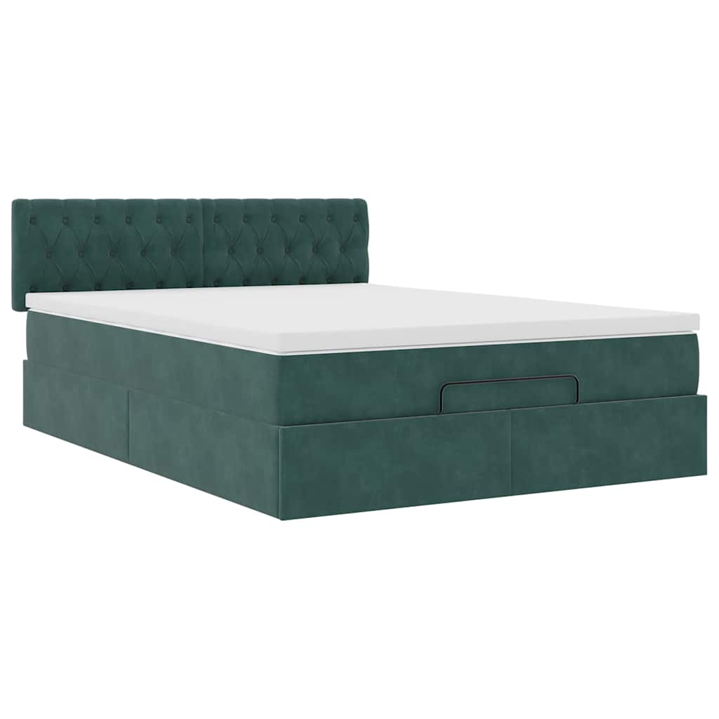 Cadre de lit ottoman avec matelas vert foncé 140x200 cm velours