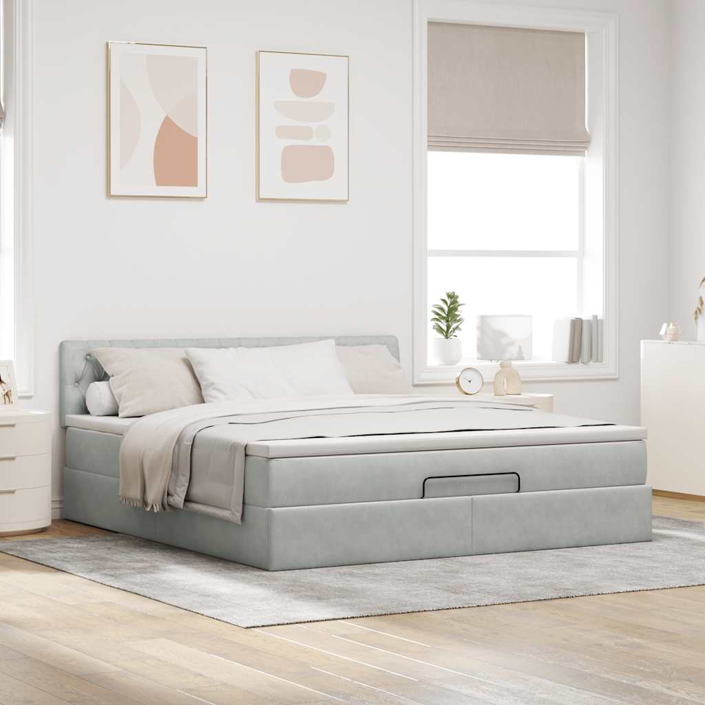 Cadre de lit ottoman avec matelas gris clair 160x200 cm velours