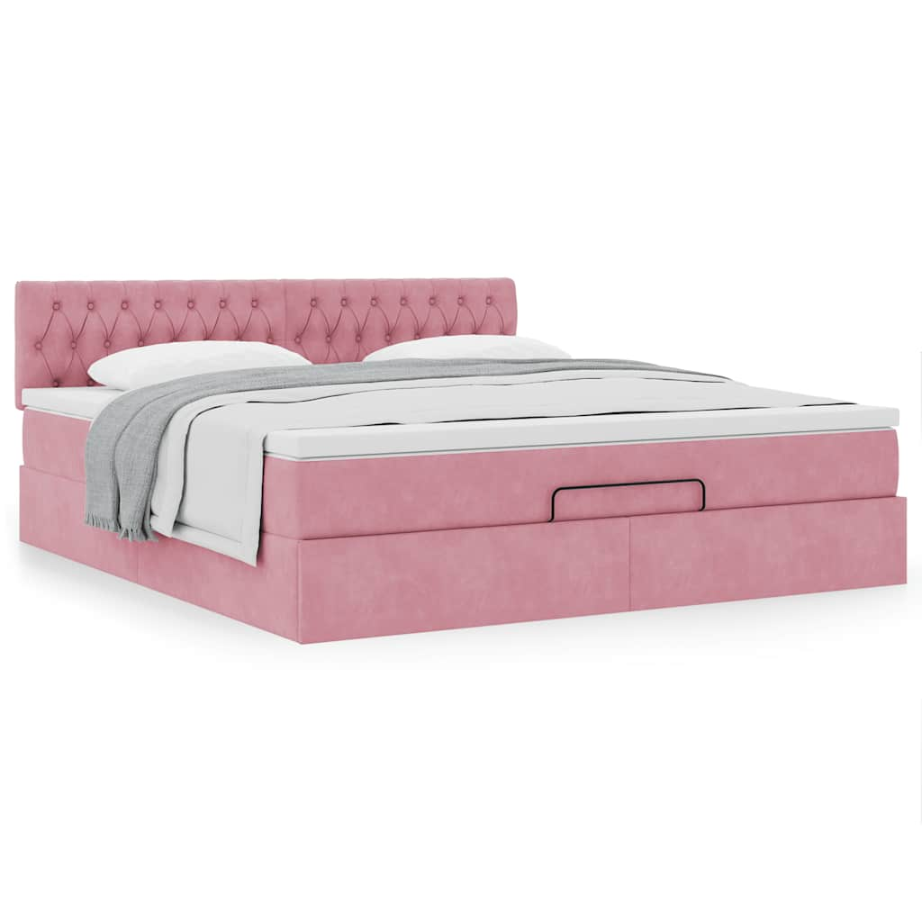 Cadre de lit ottoman avec matelas rose 160x200 cm velours