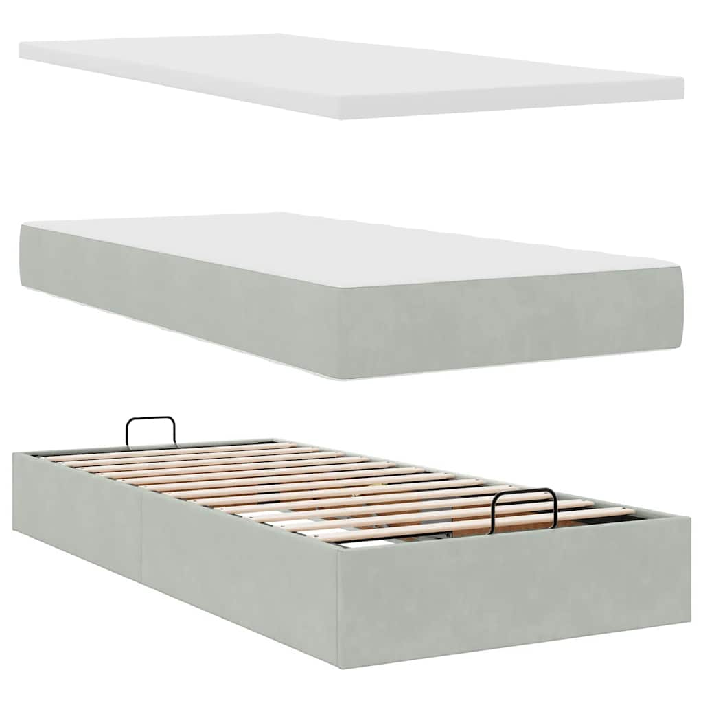 Cadre de lit ottoman et matelas gris clair 100x200 cm velours