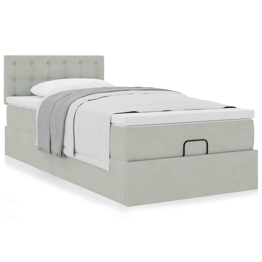 Cadre de lit ottoman et matelas gris clair 100x200 cm velours