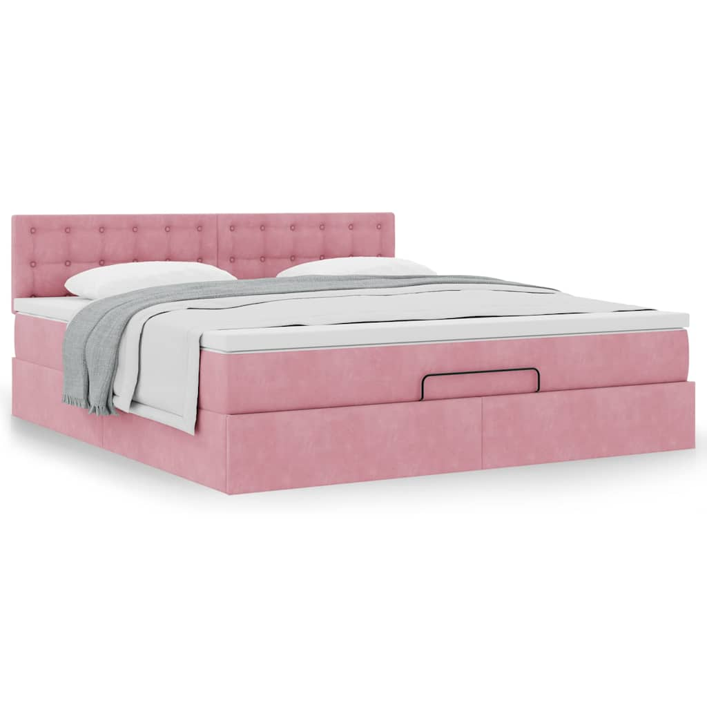 Cadre de lit ottoman avec matelas rose 160x200 cm velours