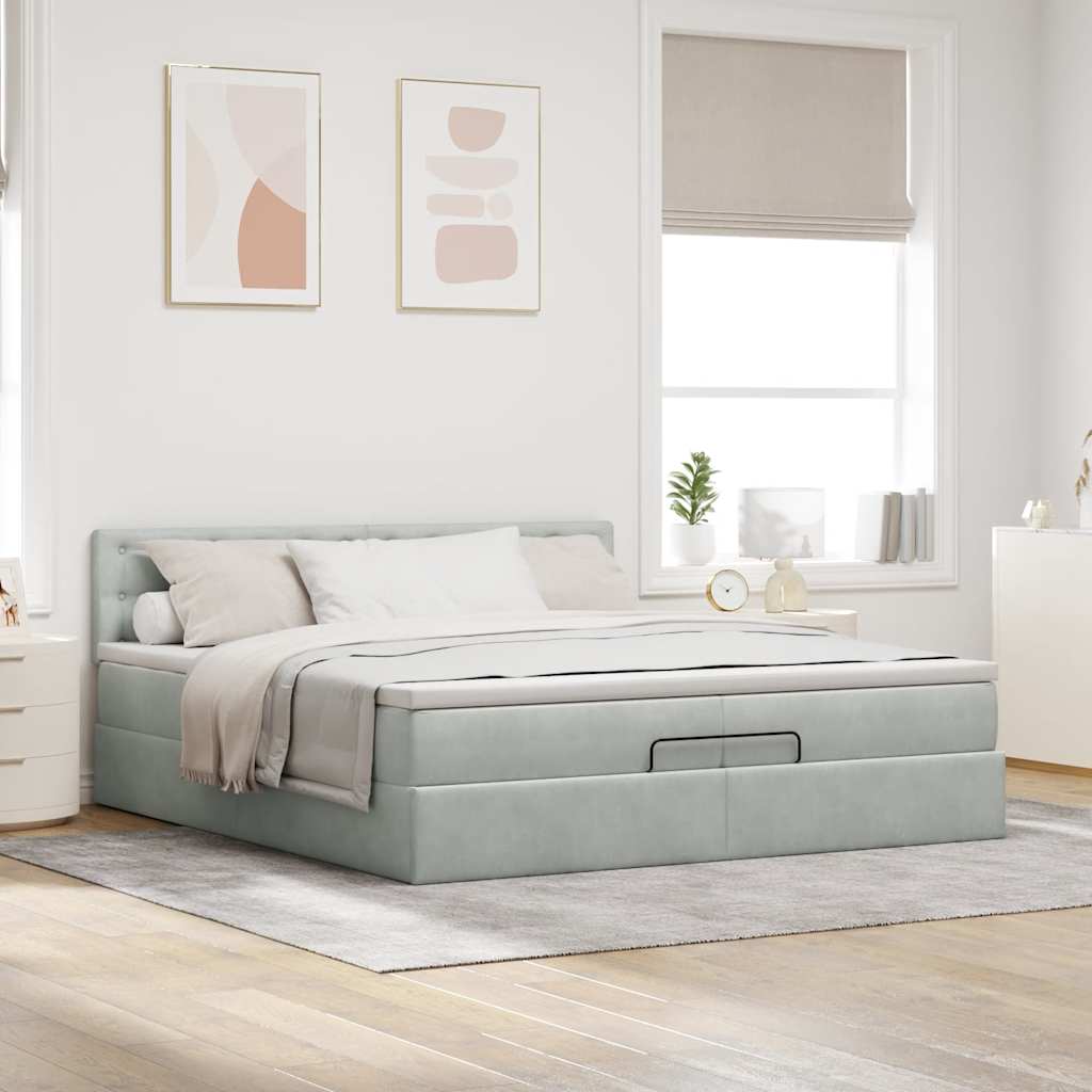 Cadre de lit ottoman avec matelas gris clair 200x200 cm velours