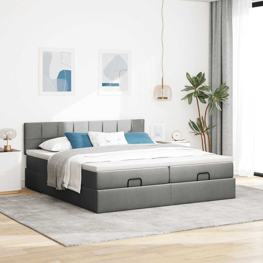 Cadre de lit ottoman avec matelas gris foncé 200x200cm tissu