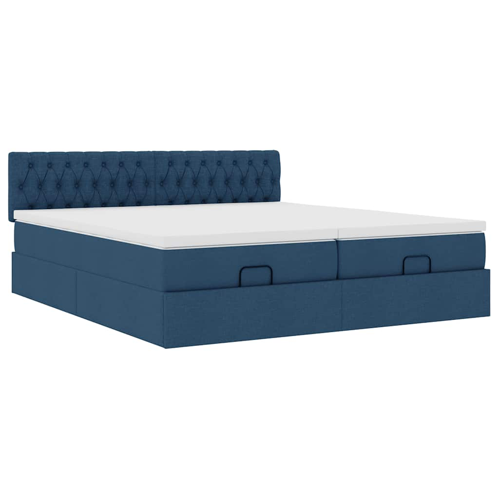 Cadre de lit ottoman avec matelas bleu 160x200 cm tissu