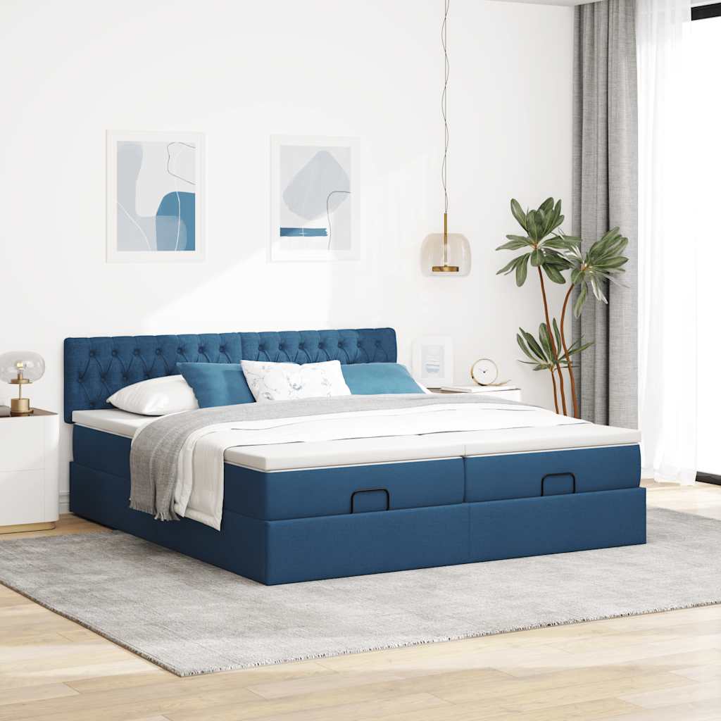 Cadre de lit ottoman avec matelas bleu 180x200 cm tissu