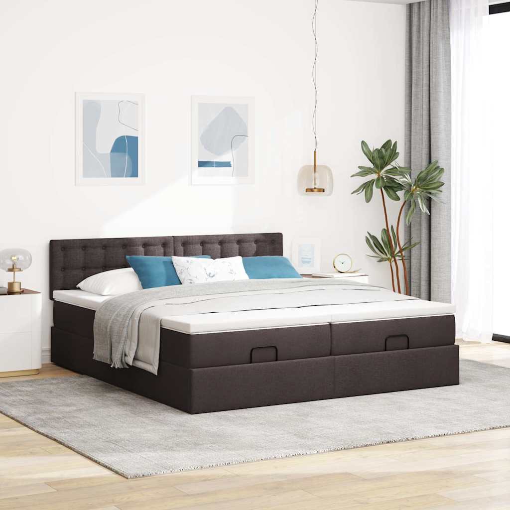 Cadre de lit ottoman avec matelas marron foncé 160x200 cm tissu