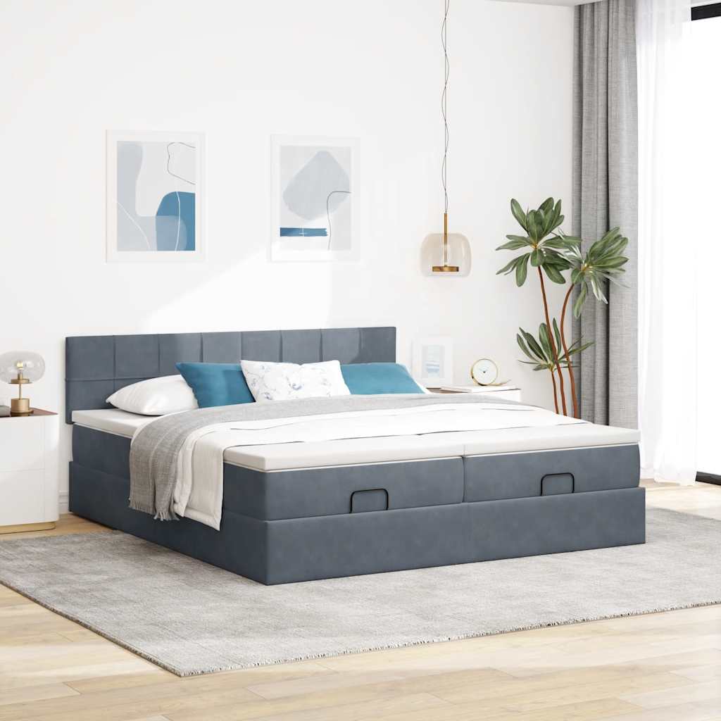 Cadre de lit ottoman avec matelas gris foncé 180x200cm velours