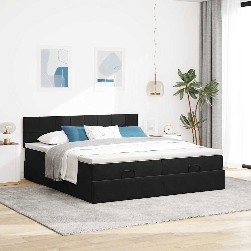 Cadre de lit ottoman avec matelas noir 200x200cm velours