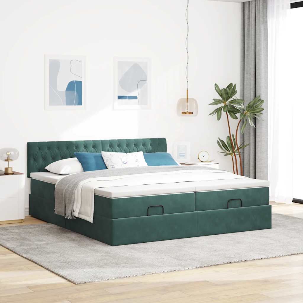 Cadre de lit ottoman avec matelas vert foncé 180x200cm velours