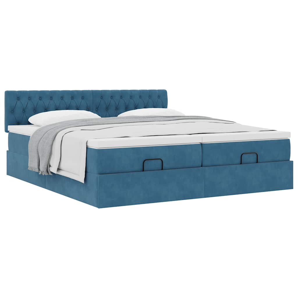 Cadre de lit ottoman avec matelas bleu foncé 180x200 cm velours