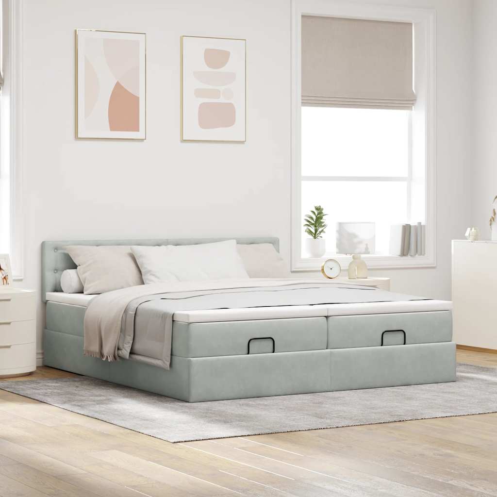 Ottoman bed frame and light gray mattress 180x200cm velvet