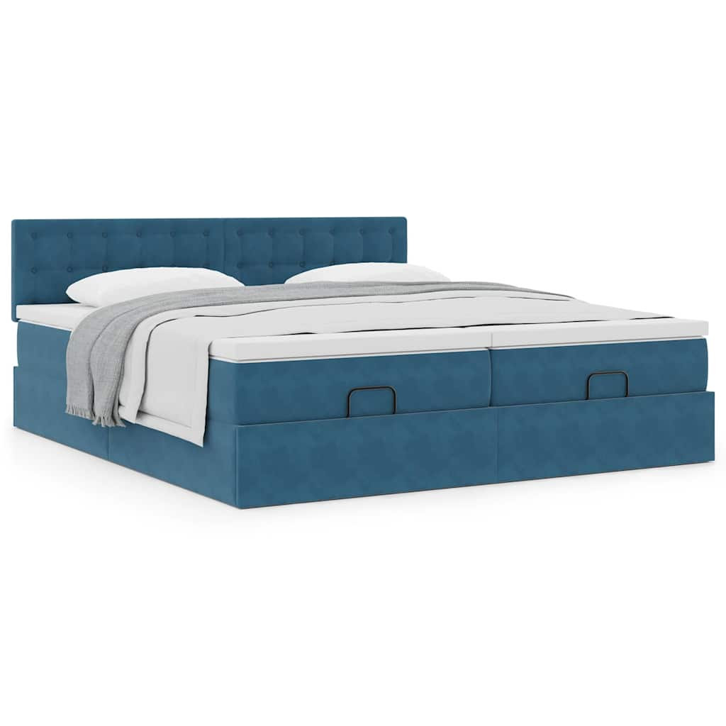 Cadre de lit ottoman avec matelas bleu foncé 180x200 cm velours