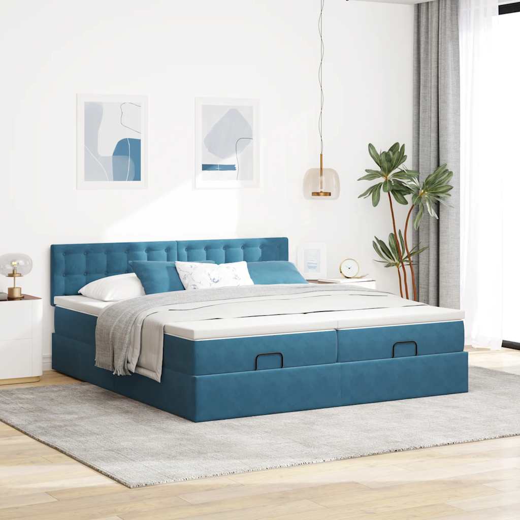 Cadre de lit ottoman avec matelas bleu foncé 200x200 cm velours