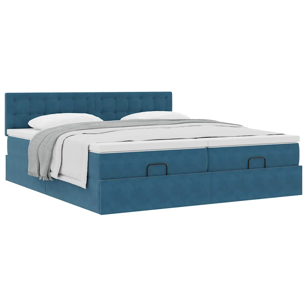 Cadre de lit ottoman avec matelas bleu foncé 200x200 cm velours