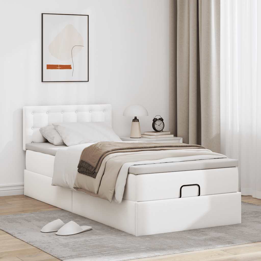 Pure White Ottoman Bed Frame and Mattress 100x200cm Faux Leather