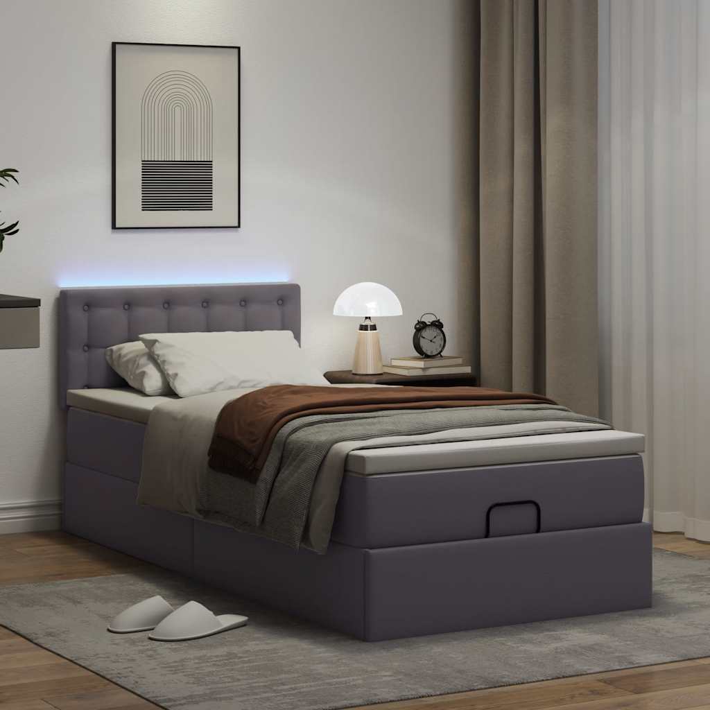 Ottoman bed frame with gray mattress 100x200 cm faux leather