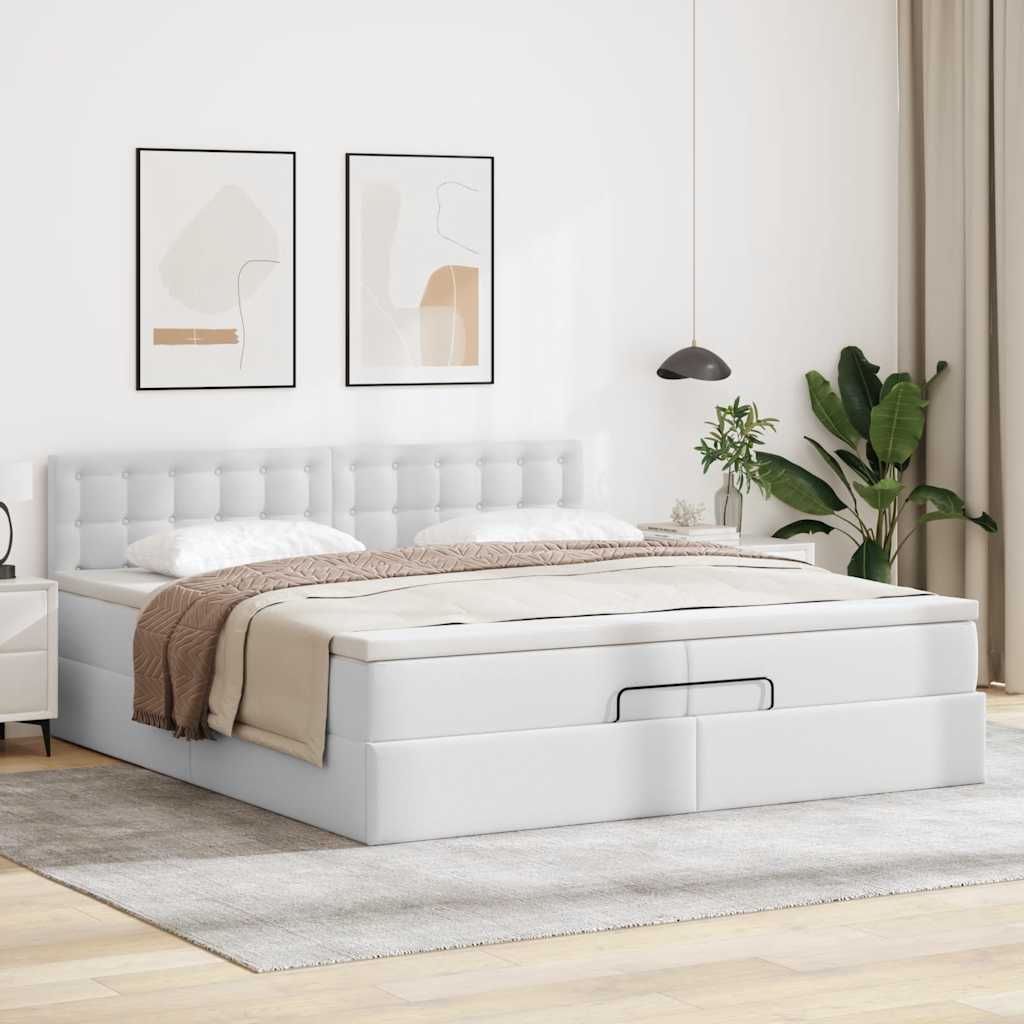 Cadre de lit ottoman et matelas blanc pur 200x200cm similicuir