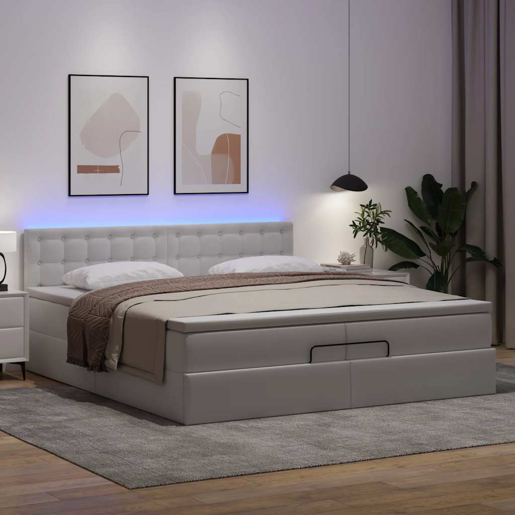 Cadre de lit ottoman et matelas blanc pur 200x200cm similicuir