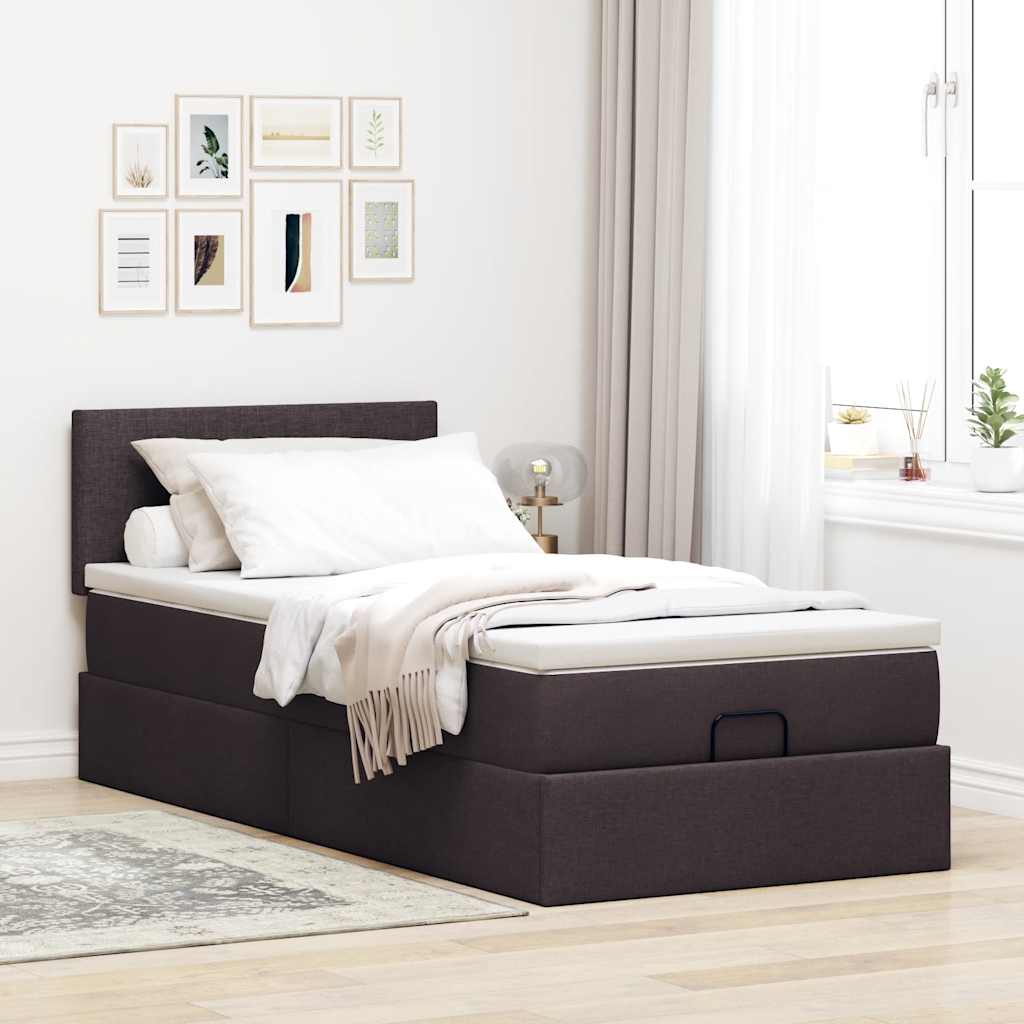 Cadre de lit ottoman avec matelas marron foncé 80x200 cm tissu