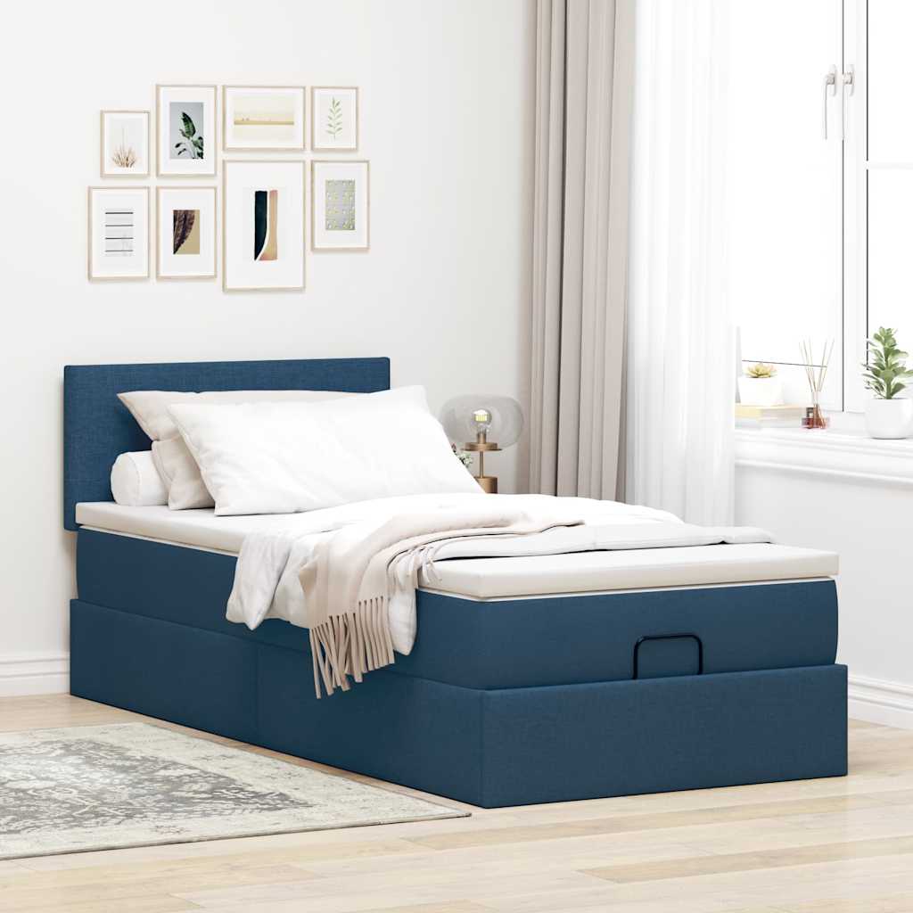 Cadre de lit ottoman avec matelas bleu 80x200 cm tissu