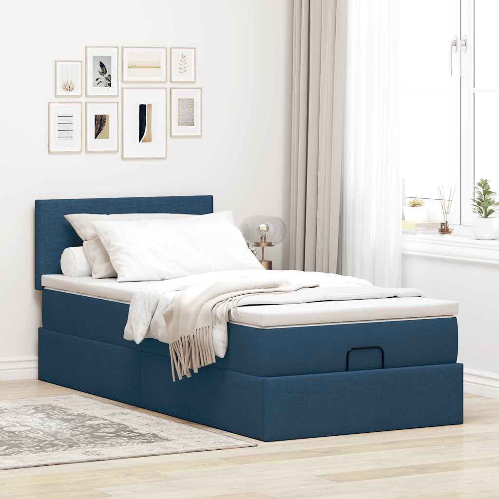 Cadre de lit ottoman avec matelas bleu 90x190 cm tissu